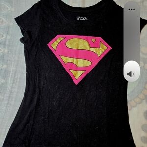DC Comics Black Girl's Tee with Pink and Gold Superman Logo, M sz 7-8.
